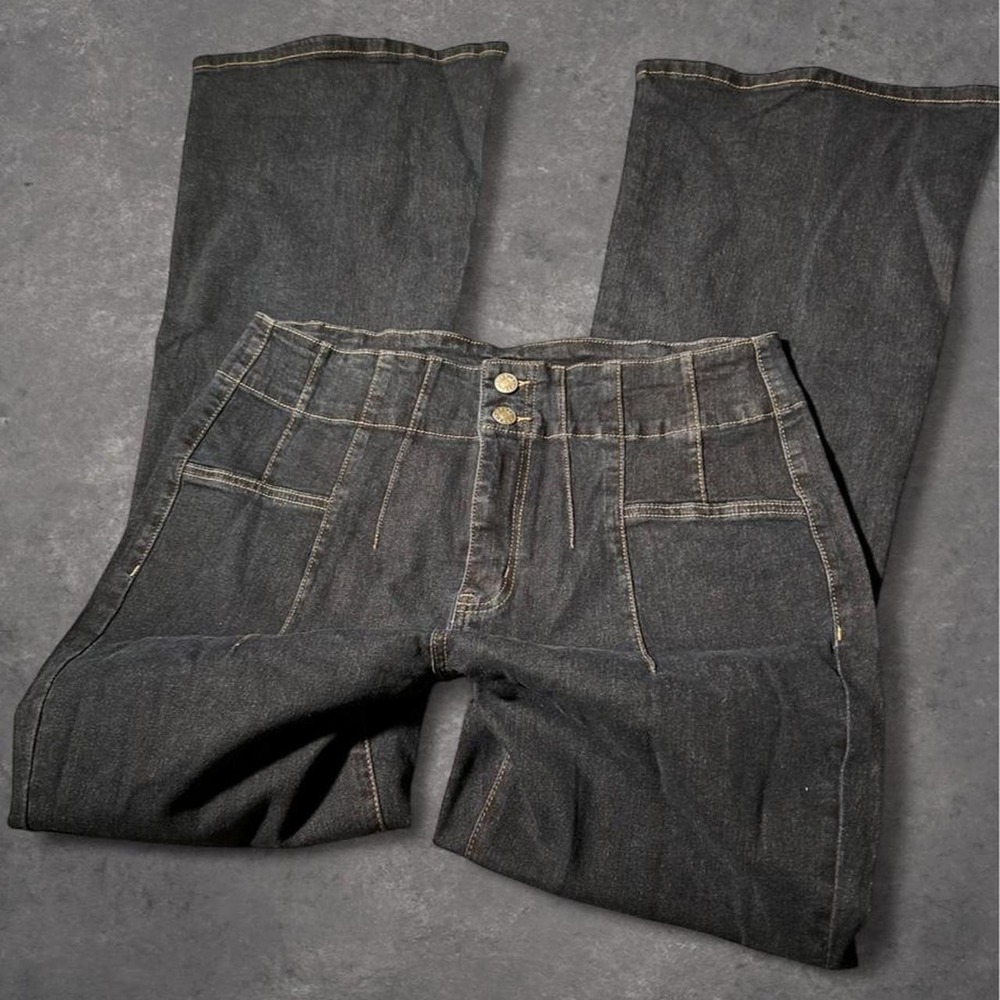 Vintage Y2K Dark Wash Flare Jeans High Waisted Contrast Stitching Size 13